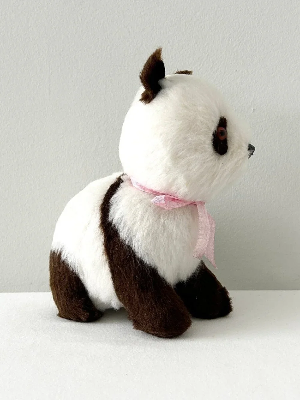 Vintage Panda Bear Plush Stuffed Animal Toy Brown Wht Fur Hard Body Pink Ribbon
